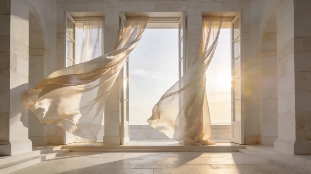 Modern bir odada rüzgarla uçuşan şeffaf perdeler ve gün ışığı.