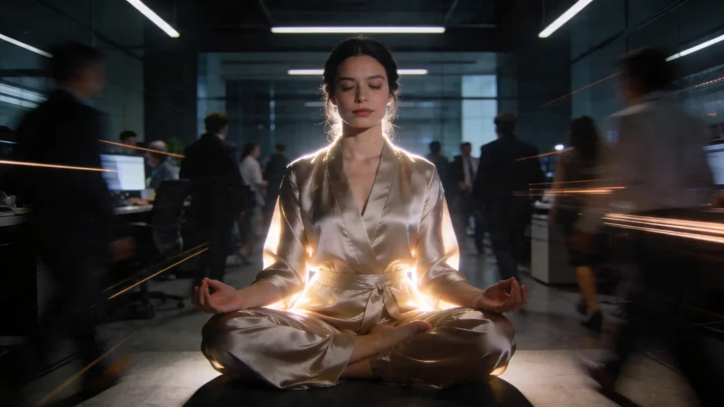 Hareketli bir kalabalığın ortasında sakinliğiyle parlayan odaklanmış bir kadın.