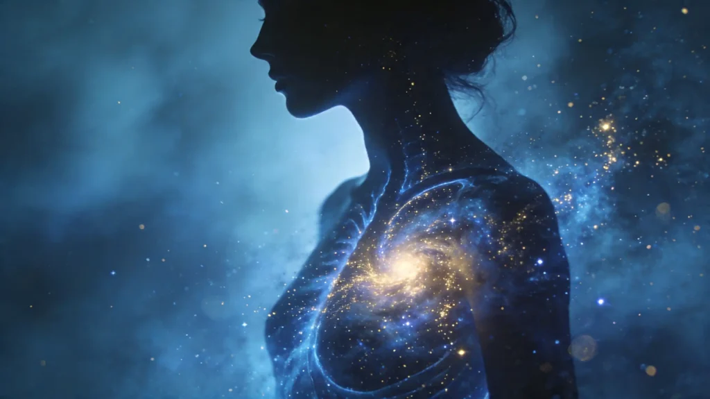 Bir kadının profilinden yayılan ışık hüzmeleriyle oluşan kozmik nefes görseli.