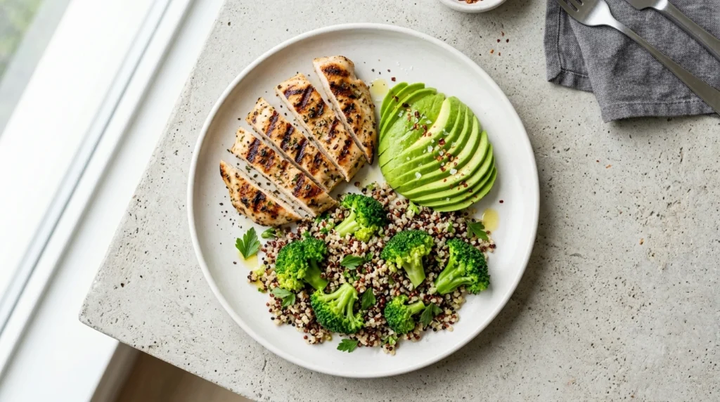 A balanced plate featuring lean chicken, fresh avocado, quinoa, and green vegetables for sustained energy.