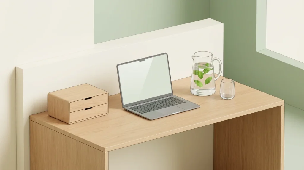 Clean office desk layout featuring a water carafe and closed drawers to demonstrate environmental control.